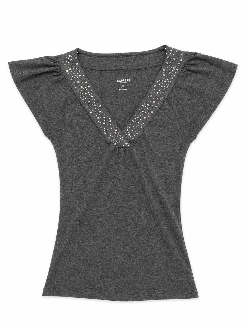 Express Sexy Basic Gray Rhinestone V-Neck Flutter Sleeve Tee XS